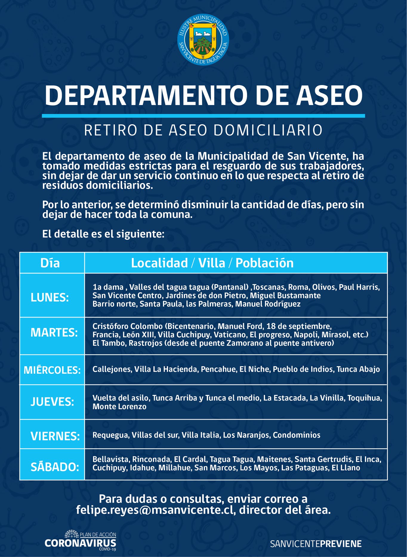 DEPARTAMENTO DE ASEO INFORMA DÍA, LOCALIDAD / VILLA / POBLACIÓN DE RECORRIDOS DE RETIRO DE ASEO DOMICILIARIO