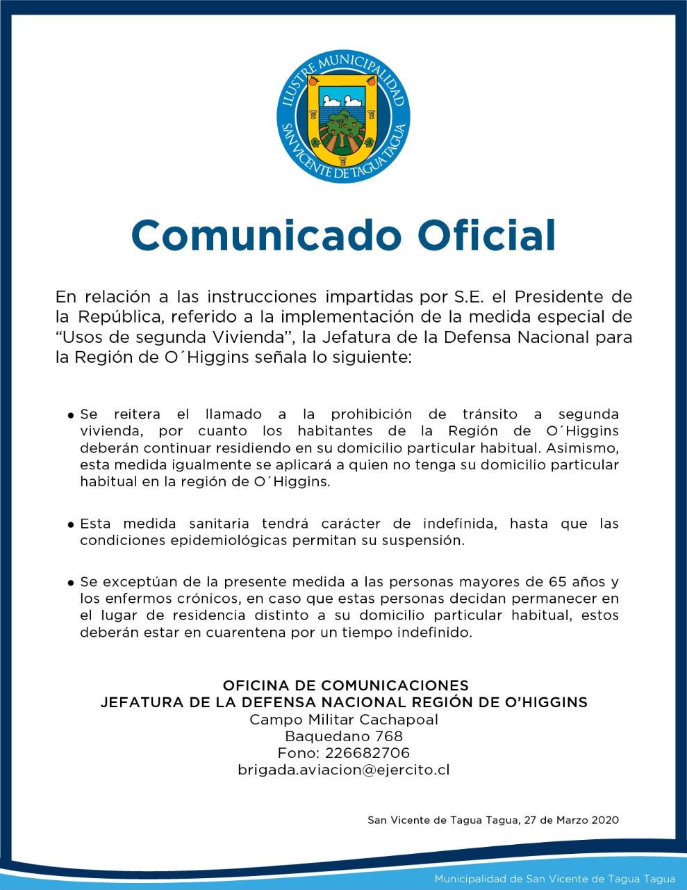 COMUNICADO OFICIAL JEFATURA DE LA DEFENSA NACIONAL REGIÓN DE O'HIGGINS